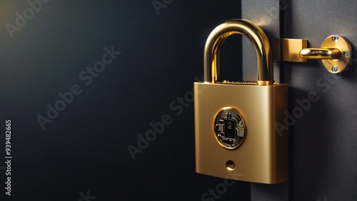 Golden digital lock on a cryptocurrency wallet. A Bitcoin and a lock in front of a Cryptocurrency Hardware Wallet .