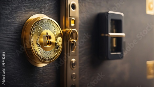 Golden digital lock on a cryptocurrency wallet. A Bitcoin and a lock in front of a Cryptocurrency Hardware Wallet .