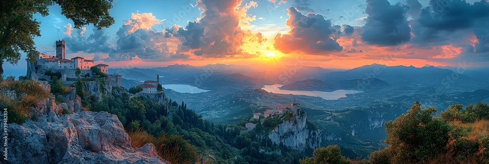 Naklejka premium Stunning Sunset Over the Historic Hilltop Town of San Marino with Majestic Mountain Vistas