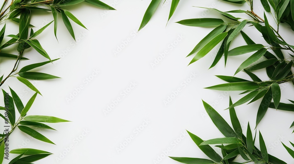 Fototapeta premium Bamboo leaves on a white backdrop with copy space image.