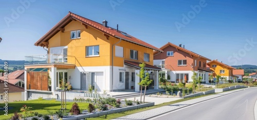 Modern Suburbia: Row of Colorful Houses in a Serene Neighborhood photo