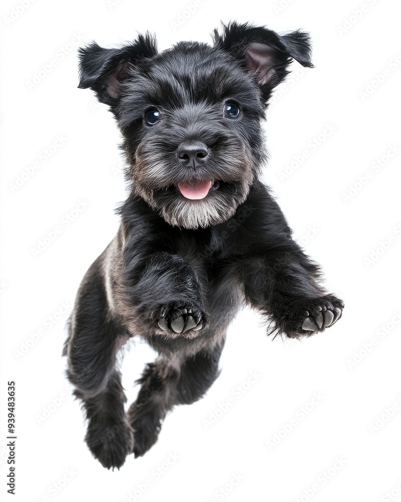 Dog Belly White Background. Cute Black Miniature Schnauzer Puppy Jumping Isolated Dog Belly White Background. Cute Black Miniature Schnauzer Puppy Jumping Isolated