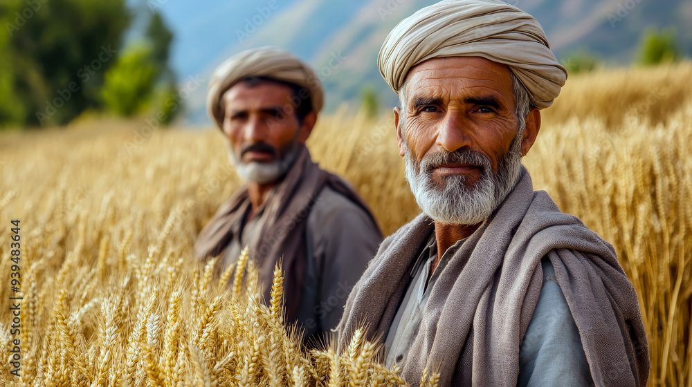 Two farmers are standing in a wheat field with a blue sky and mountains in the background Two farmers are standing in a wheat field with a blue sky and mountains in the background