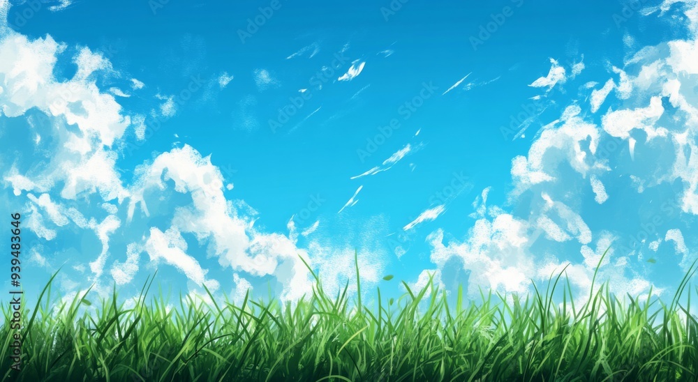 Fototapeta premium Anime-Style Background with Sky Blue and White Grass, Soft and Serene Landscape