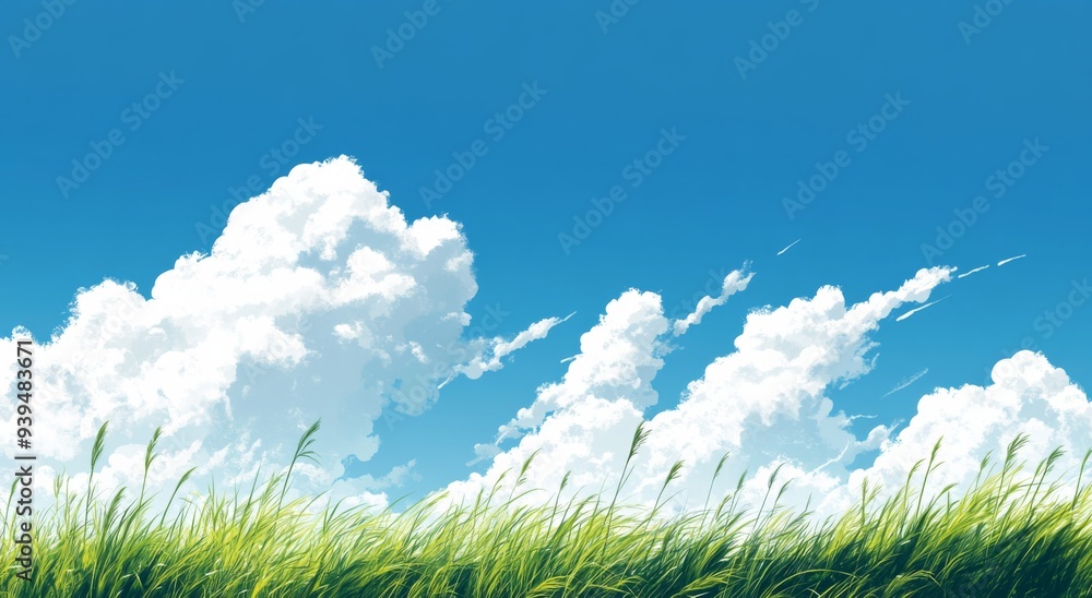 Japanese Anime-Style Scene with Blue Sky, White Grass Swaying in the Wind, and Expansive White Clouds Japanese Anime-Style Scene with Blue Sky, White Grass Swaying in the Wind, and Expansive White Clouds