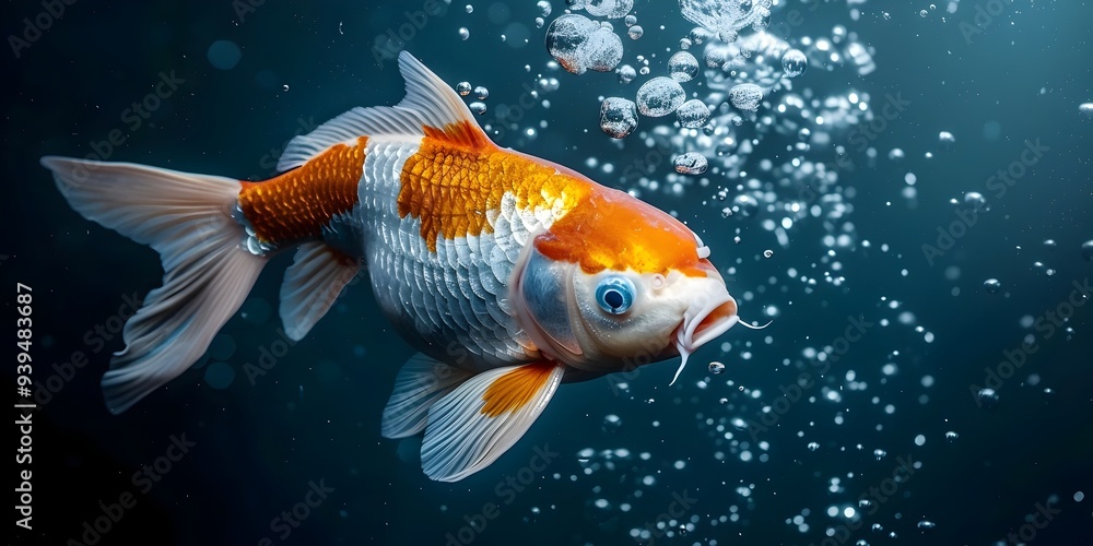 Kahuka Koi Fish Swimming in Deep Underwater with Bubbles Kahuka Koi Fish Swimming in Deep Underwater with Bubbles