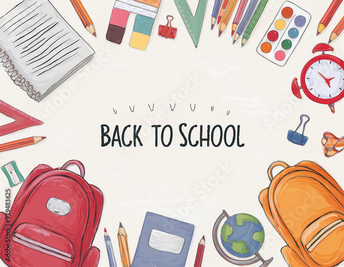 Watercolor background for back-to-school with pencils and drawings.