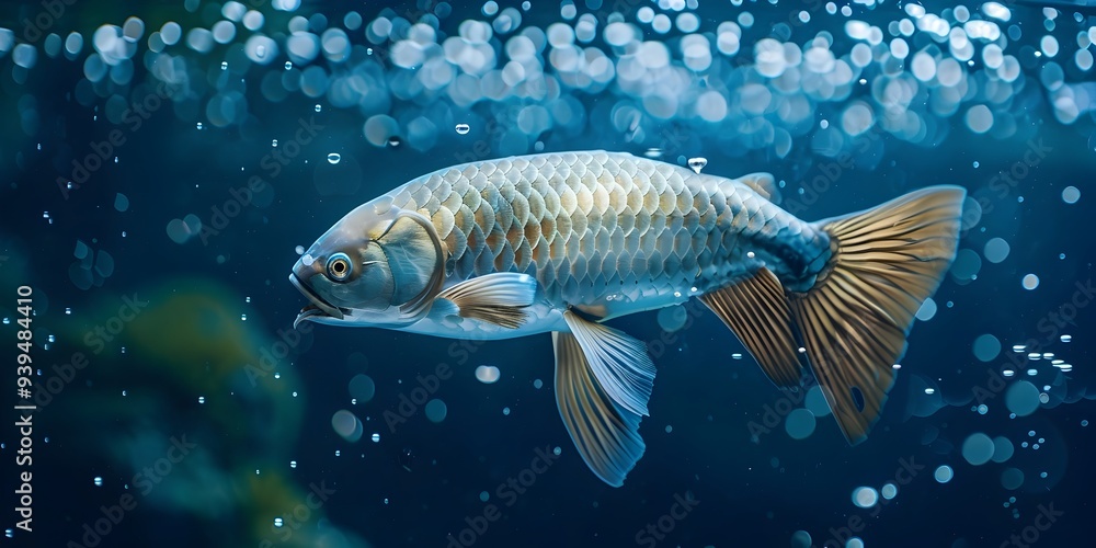 Captivating Platinum Arowana Fish Floating in Serene Underwater Realm Captivating Platinum Arowana Fish Floating in Serene Underwater Realm