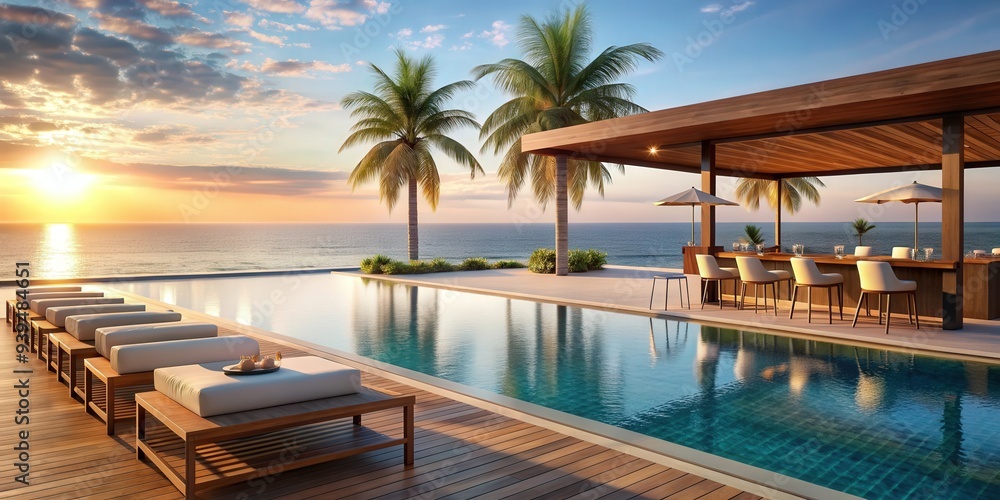 Fototapeta premium Luxurious beach resort with a pool bar overlooking the sea , beach, luxury, resort, pool, bar, sea view, rendering
