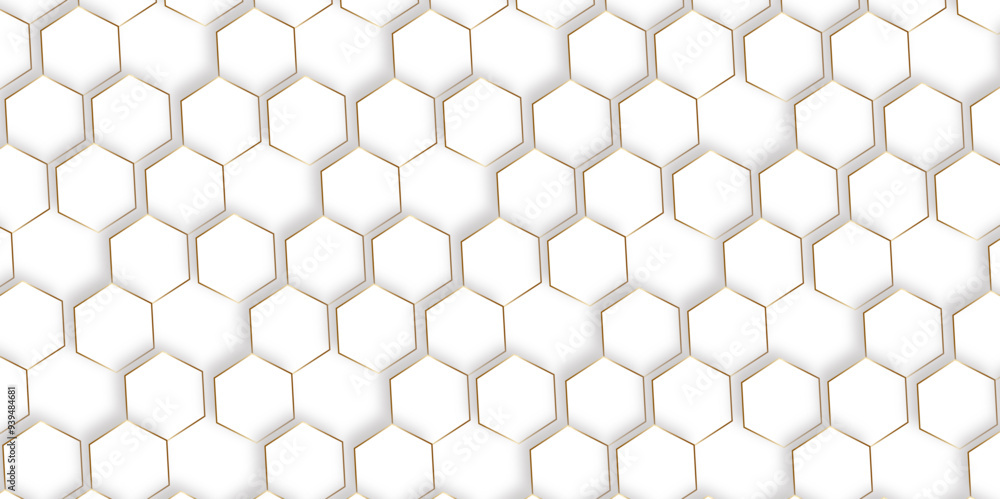 Naklejka premium Abstract pattern with hexagonal white and gray technology line paper background. Hexagonal 3d vector grid tile and mosaic structure simple style hexagonal graphic concept. Futuristic surface design. 