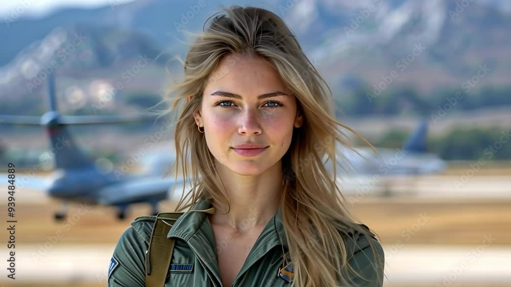 Portrait of a female Caucasian fighter jet pilot in the military against a backdrop of a jet airport Portrait of a female Caucasian fighter jet pilot in the military against a backdrop of a jet airport