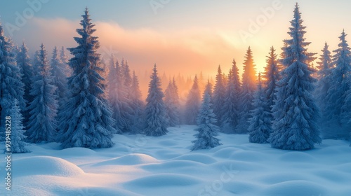 Snow-covered forest at sunrise with tall, frosted trees under a pastel sky, creating a tranquil and serene winter wonderland