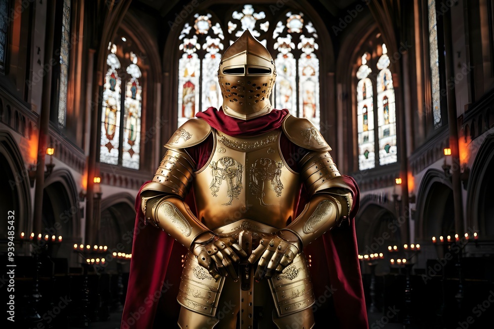 Fototapeta premium Ephesians 61314 depicts the armor of God for spiritual warfare. Concept Biblical Armor of God. Spiritual Warfare Depicted in Medieval Knight Armor at a Castle Museum