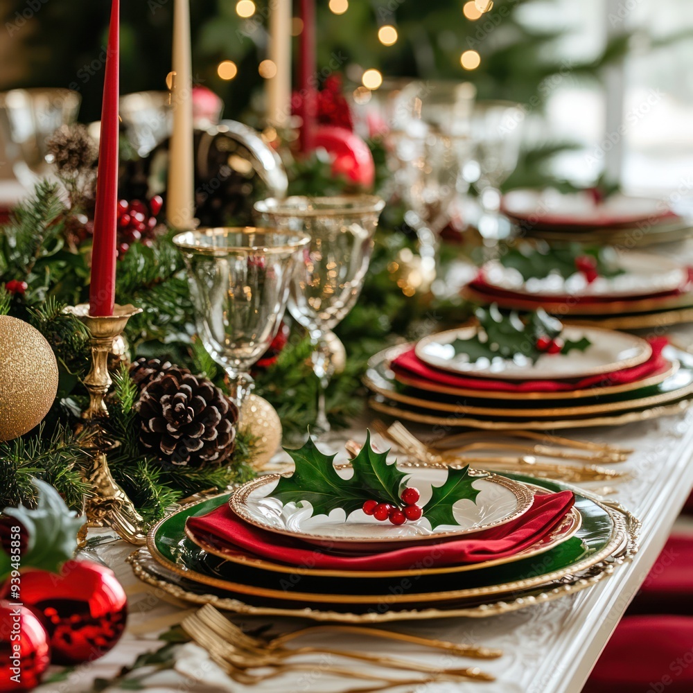 A beautifully set table for a Christmas feast, featuring a centerpiece of holly and candles, along with place settings in red, green, and gold. A beautifully set table for a Christmas feast, featuring a centerpiece of holly and candles, along with place settings in red, green, and gold.