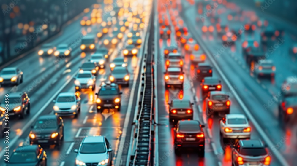 Heavy traffic during nighttime, with cars' headlights and taillights creating a colorful, blurred light effect on a busy highway. Heavy traffic during nighttime, with cars' headlights and taillights creating a colorful, blurred light effect on a busy highway.