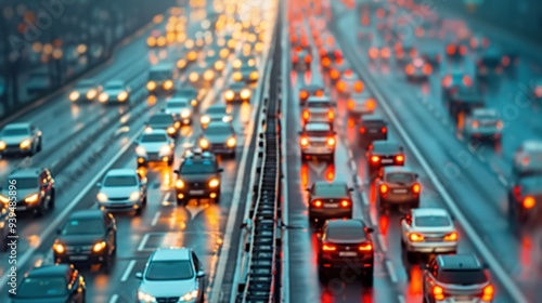 Heavy traffic during nighttime, with cars' headlights and taillights creating a colorful, blurred light effect on a busy highway.