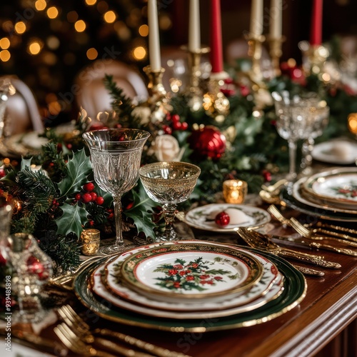 A beautifully set table for a Christmas feast, featuring a centerpiece of holly and candles, along with place settings in red, green, and gold.