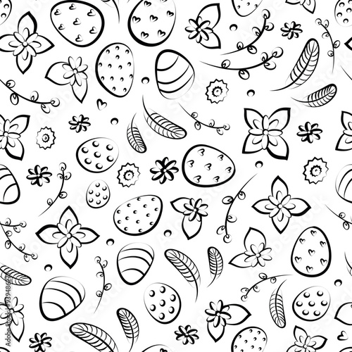 Linear seamless background of Easter eggs and flowers and pussy willow