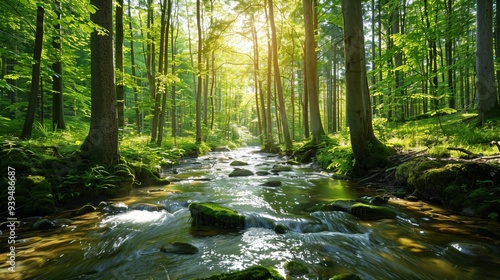 Tranquil green forest with crystal-clear stream, sunlight filtering through trees. High-resolution image perfect for environmental and sustainability themes