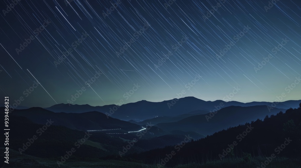 Fototapeta premium Night Sky with Time-Lapse of Star Trails over Mountain Range