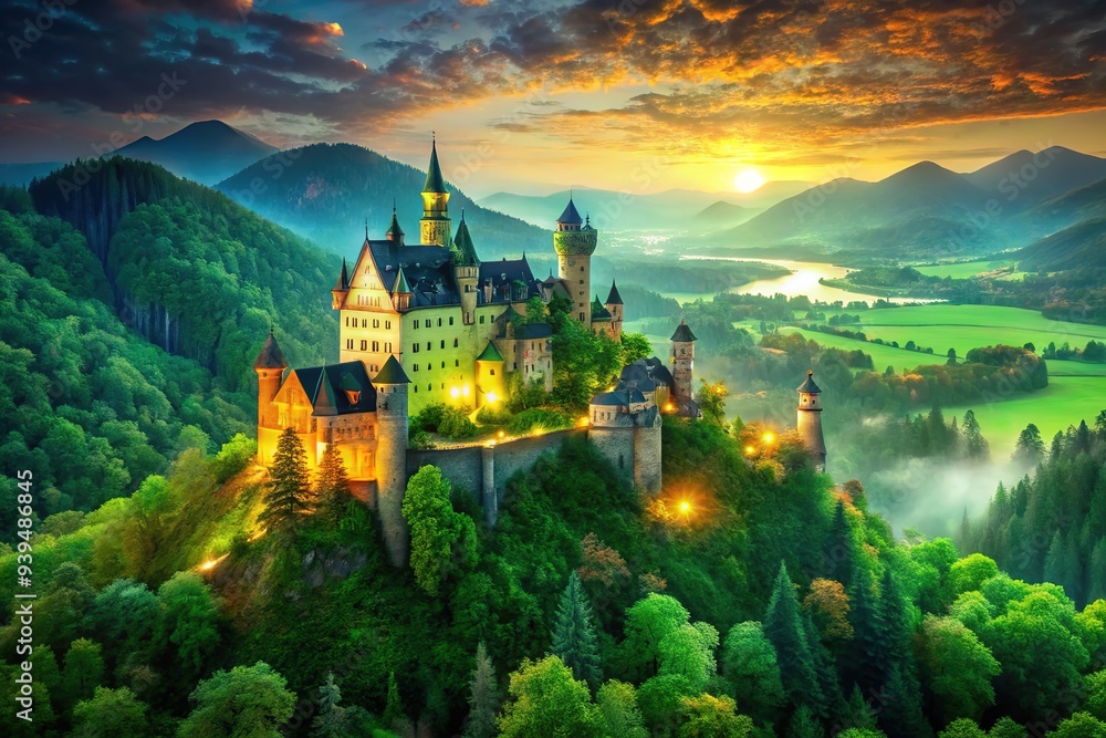 Fototapeta premium Lush green landscapes unfurl, ancient castles rise, enchanting fairy tales whisper secrets, as vibrant emerald hues dance, and ethereal glow descends.