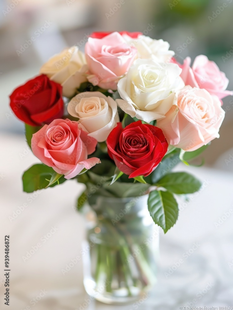 A beautiful bouquet of mixed roses in shades of red, pink, and white arranged in a glass jar, perfect for romantic occasions and celebrations. A beautiful bouquet of mixed roses in shades of red, pink, and white arranged in a glass jar, perfect for romantic occasions and celebrations.