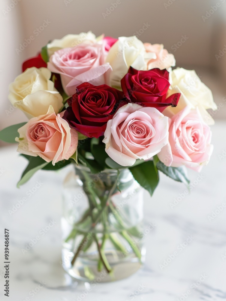 Beautiful bouquet of red, pink, and white roses in a clear glass vase, perfect for special occasions or home decor. Beautiful bouquet of red, pink, and white roses in a clear glass vase, perfect for special occasions or home decor.