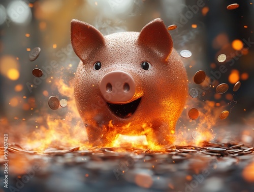 startled piggy bank midexplosion coins dramatically scattering through air whimsical depiction of financial concepts with dynamic motion freeze photo