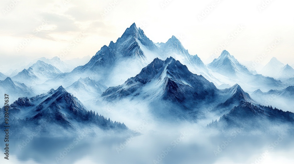 Majestic Snowy Mountain Range in the Mist Majestic Snowy Mountain Range in the Mist