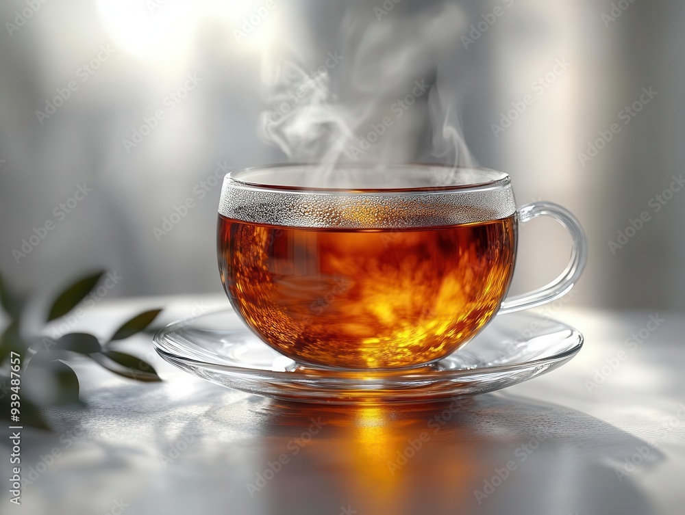steaming glass teacup on saucer aromatic amber liquid catching light crisp white background wispy tendrils of steam rising inviting warmth and relaxation steaming glass teacup on saucer aromatic amber liquid catching light crisp white background wispy tendrils of steam rising inviting warmth and relaxation