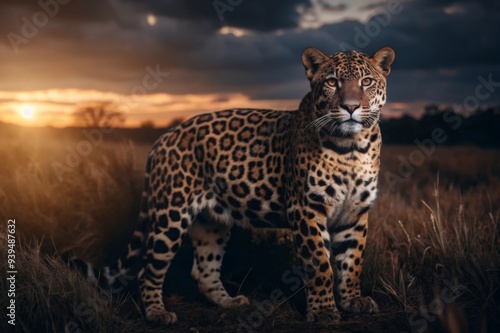 A leopard stands majestically in a golden field during sunset, surrounded by dramatic skies and vibrant colors