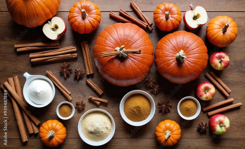 Assorted Pumpkins and Spices Arranged for Autumn Baking on a Wooden Table Assorted Pumpkins and Spices Arranged for Autumn Baking on a Wooden Table