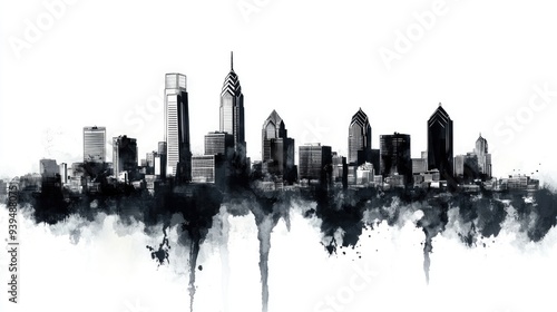 Philadelphia Skyline Silhouette. Ink Sketch Illustration of City Landscape