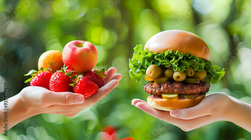 One hand holding fruit, other holding hamburger. Healthy natural organic fresh vegetarian food vs unhealthy processed fast junk food meat. Nutrition diet lifestyle, fitness eating choice photo