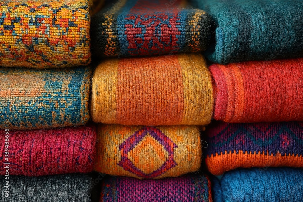 A close-up view of stacked and rolled colorful woven textiles with intricate patterns, showcasing traditional craftsmanship and vibrant colors. Hispanic Heritage
A close-up view of stacked and rolled colorful woven textiles with intricate patterns, showcasing traditional craftsmanship and vibrant colors. Hispanic Heritage