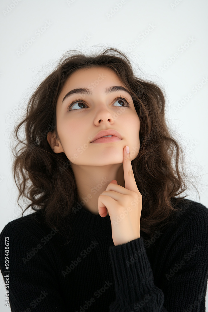 Young woman is holding her finger on her chin, deep in thought and looking up on a bright background Young woman is holding her finger on her chin, deep in thought and looking up on a bright background