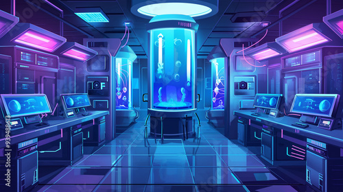 The Futuristic science lab with space aliens in cryogenic capsules, game background, Illustration