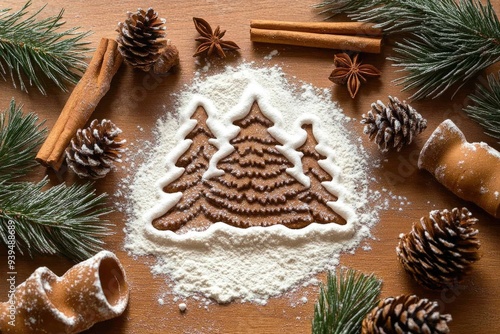 Arizona Christmas. Festive Flour Motif shaped as Arizona State with Seasonal Pine Cone and Cinnamon Cookies