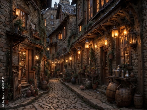 Cozy Medieval Village Street with Warm Lanterns and Stone Buildings