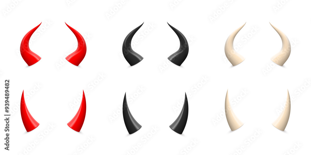 Devil horns 3d halloween costume set. White, red and black demon or satan carnival elements. Symbol of evil. Sexy design element isolated on white background. Devil horns 3d halloween costume set. White, red and black demon or satan carnival elements. Symbol of evil. Sexy design element isolated on white background.