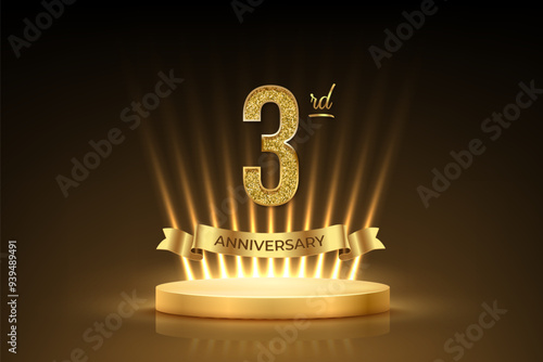 Third anniversary gold award podium. 3 year celebration birthday or jubilee golden vector background. Luxury stage with glowing rays, glittering number 3 and ribbon with text anniversary on black.