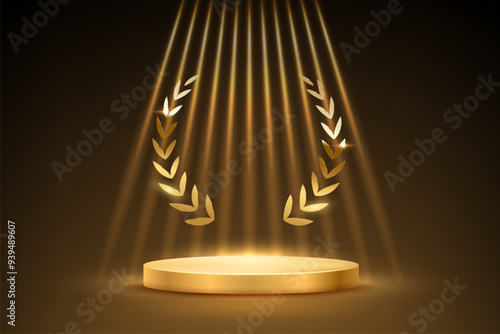 Gold award podium vector illustration. Abstract empty 3d golden stage with glowing light rays and laurel wreath isolated on black background. Luxury product presentation, winner ceremony.