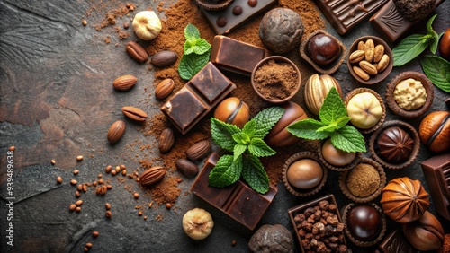 Assorted chocolates with various nuts, rich cocoa powder, and refreshing mint, chocolates, nuts, cocoa powder, mint