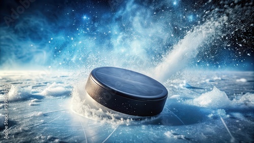 Wallpaper Mural Hockey puck bursting through ice surface, hockey, puck, burst, ice, frozen, break, impact, power, strength, cold, sports Torontodigital.ca