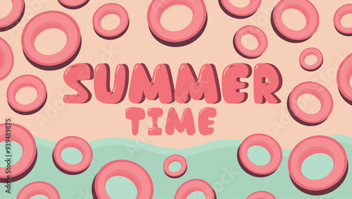 Summer greeting vector poster design, summer is here, text with pink inflatable circles for vacation, trip and invitation on sand and sea background, summer greeting poster vector illustration