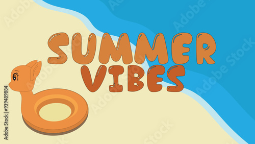 Colorful layout template with inflatable pony ring and summer lettering on sand and sea background, horizontal poster, greeting card, header for creative use