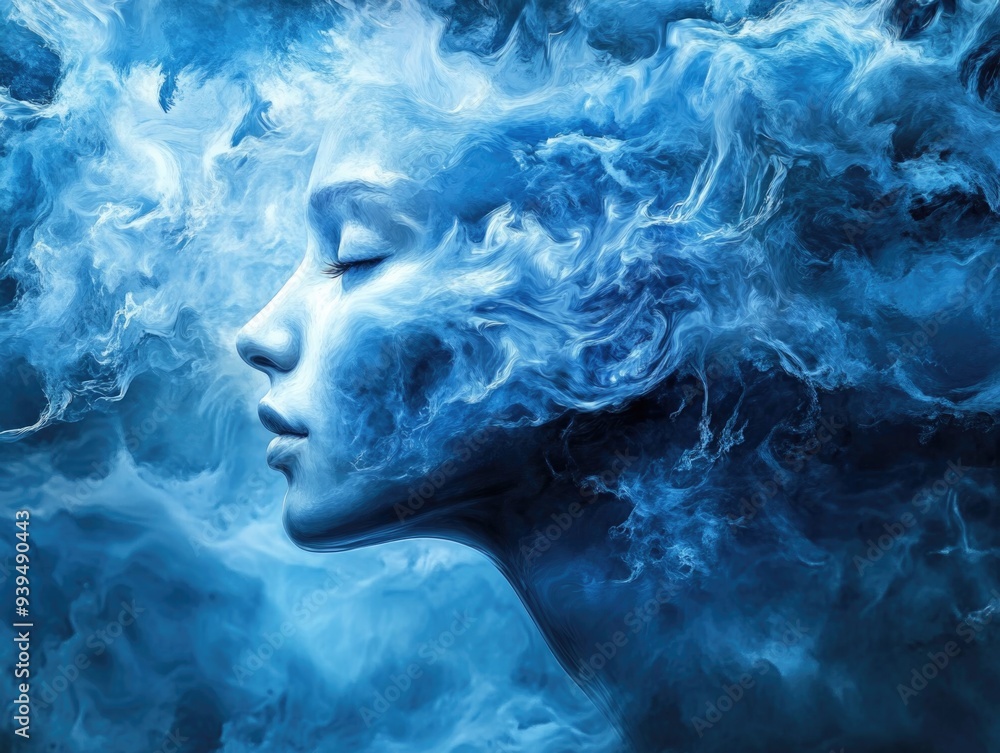 Surreal Art of Woman's Face Emerging from Abstract Blue Smoke and Clouds Surreal Art of Woman's Face Emerging from Abstract Blue Smoke and Clouds