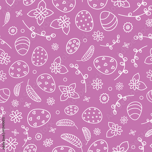 Pink Linear seamless background of Easter eggs and flowers and pussy willow