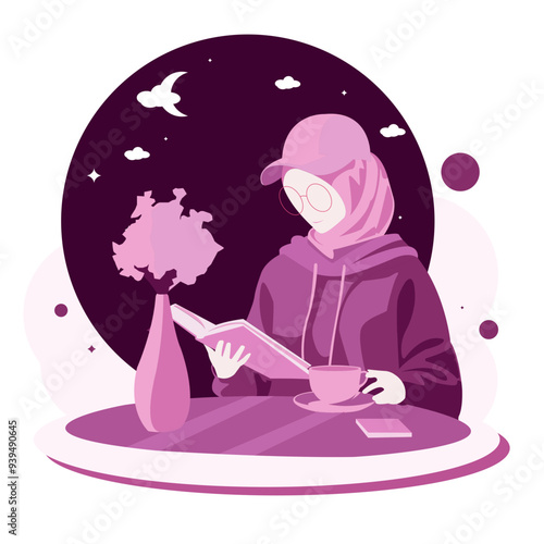 Cute muslimah girl reading book and pray while sitting on the table side view at night modern noface design style vector illustration