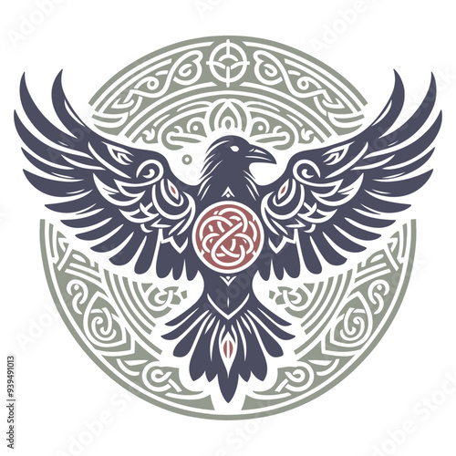 Viking Old Celtic Scandinavian design. Hammer of God Thor, two Ravens and Celtic patterns drawn in vintage retro style, isolated on black, vector illustration